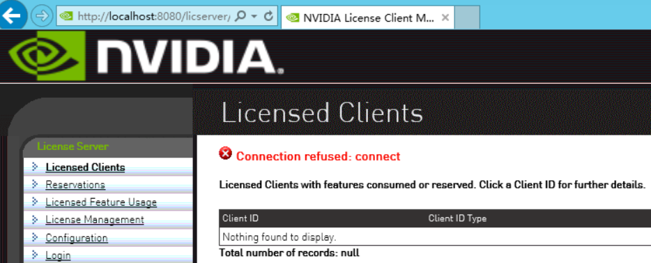 Screen capture of the Licensed Clients page showing a connection refused error.