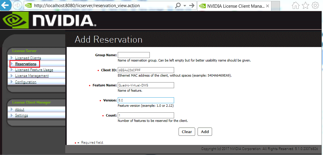 Screen capture showing the License Reservations page.