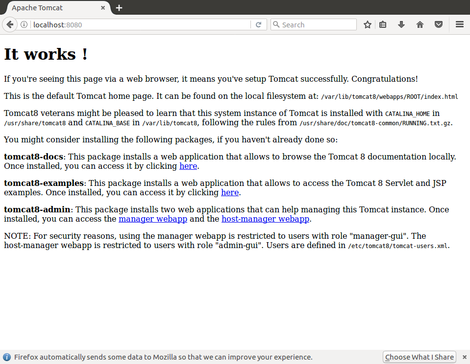 Screen capture showing the home page of the default Apache Tomcat web application.