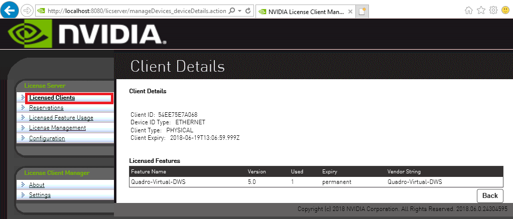 Screen capture showing the Client Details page.