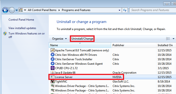 Screen capture of the Windows Control Panel showing how to uninstall the license server.