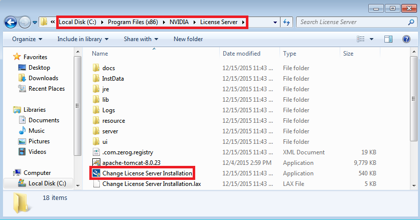 Screen capture of Windows Explorer showing the Change License Server Installation application in the license server installation directory.