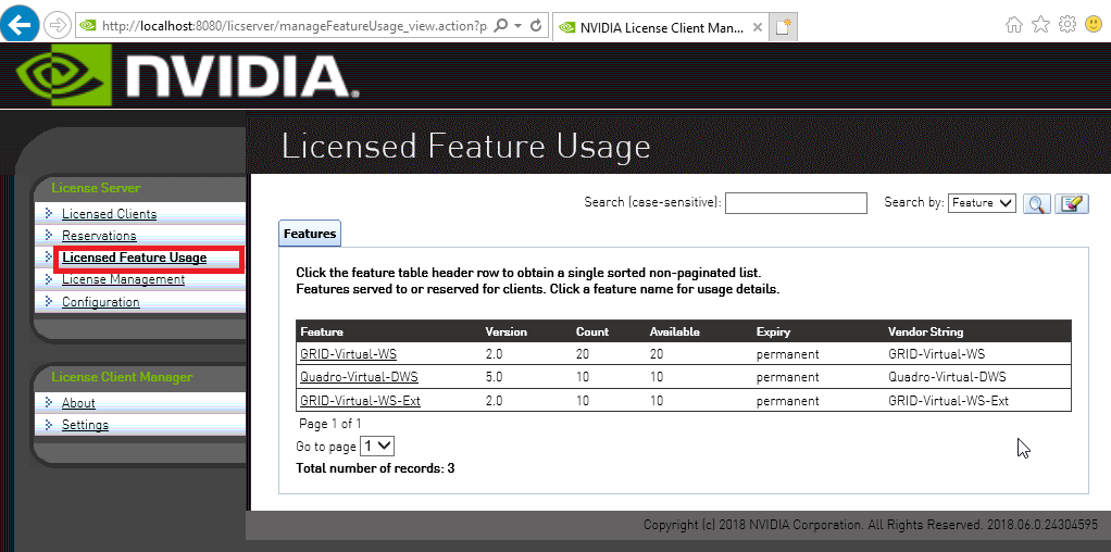 Screen capture showing the Licensed Feature Usage page