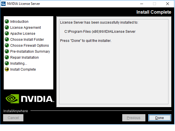 Screen capture showing the window that appears when the license server installation is complete on Windows.