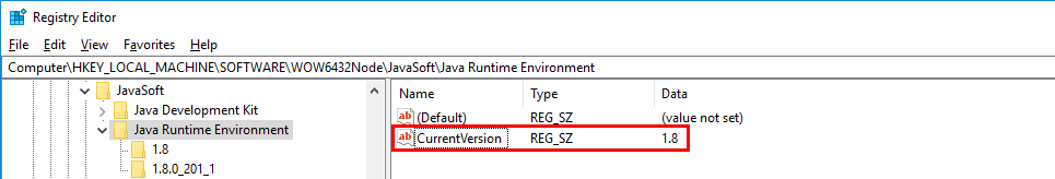 Screen capture showing the string value CurrentVersion of registry key Java Runtime Environment in the Windows Registry Editor.