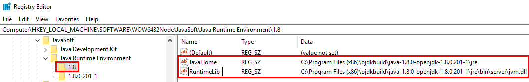 Screen capture showing the string values JavaHome and RuntimeLib of registry key 1.8 under Java Runtime Environment in the Windows Registry Editor.