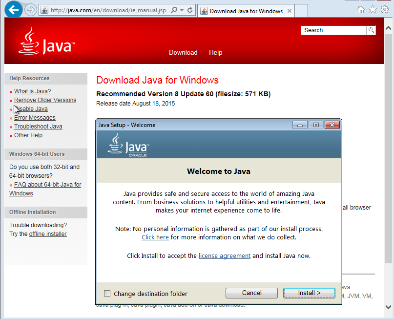 Screen capture showing the download and setup screens for Oracle Java SE Runtime Environment for Windows.