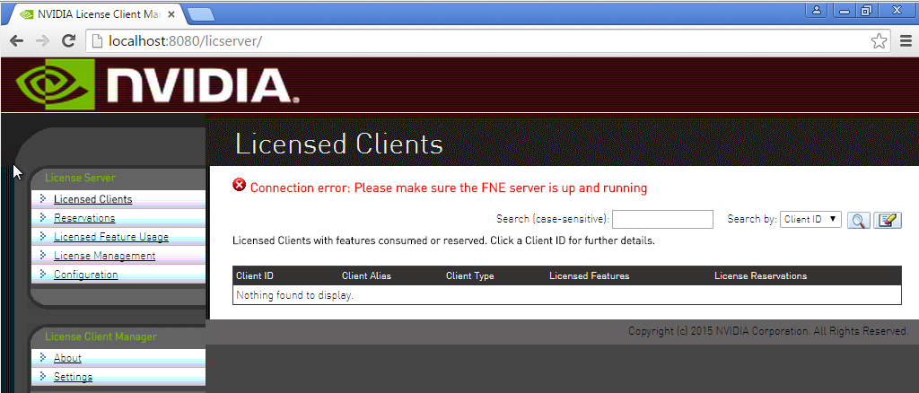 Screen capture of the Licensed Clients page showing a connection error after a change of IP address.
