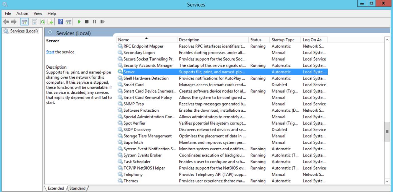 Screen capture of the Services window showing that the Windows service Server is not running.