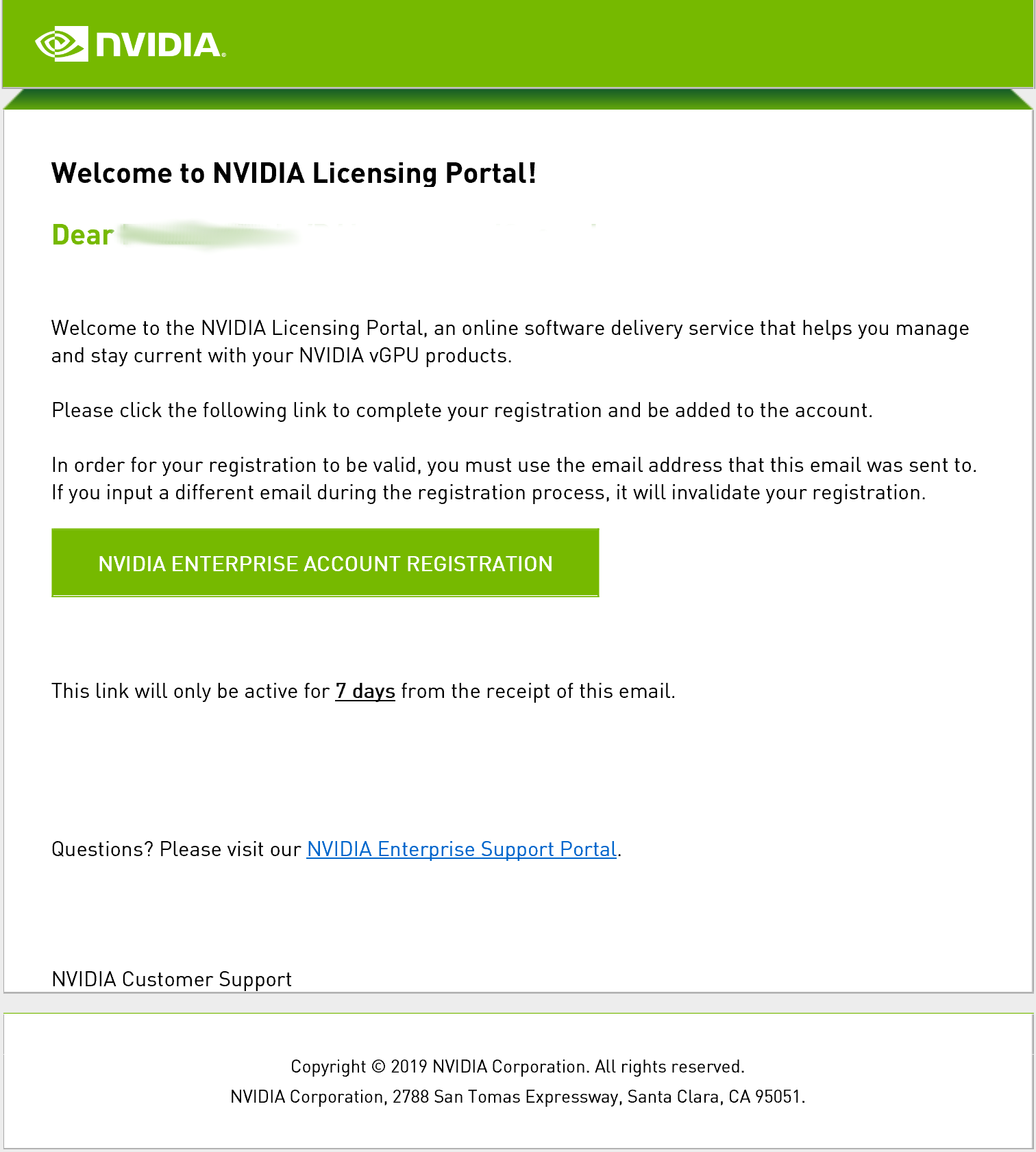 Screen capture showing the e-mail that is sent to a user who has been added to the NVIDIA Licensing Portal.