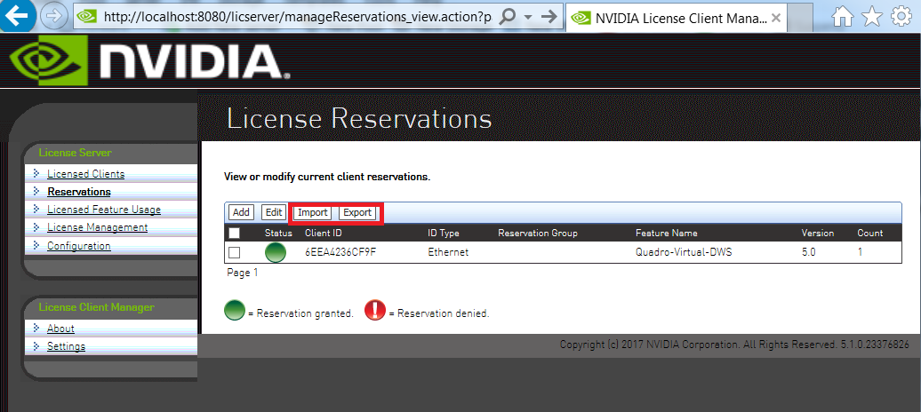 Screen capture showing the License Reservations page with the Import and Export buttons highlighted.
