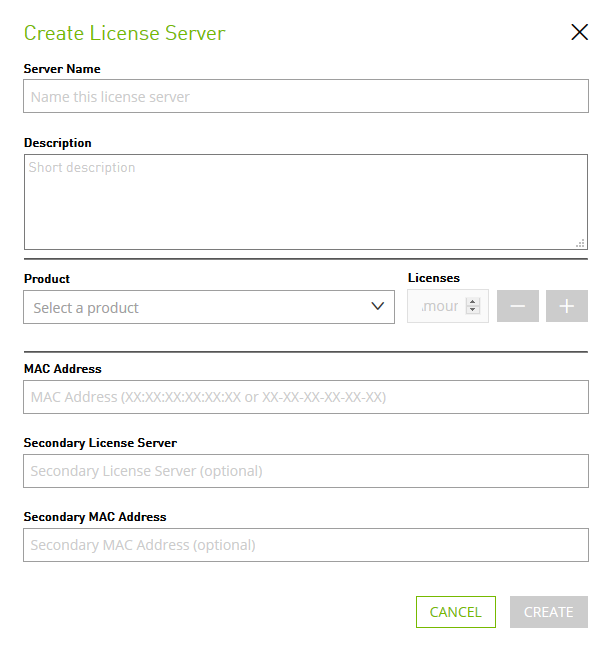 Screen capture showing the Create License Server pop-up window.