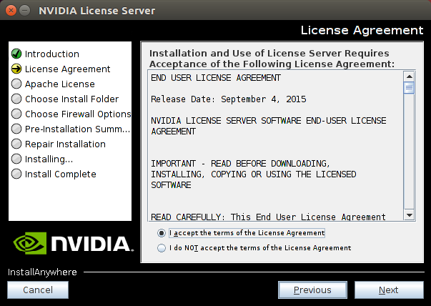 Screen capture showing license agreements for the license server on Linux.