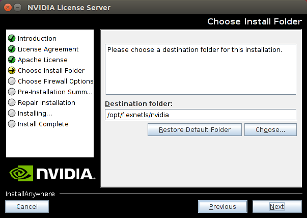 Screen capture showing the selection of the destination folder for the license server on Linux.
