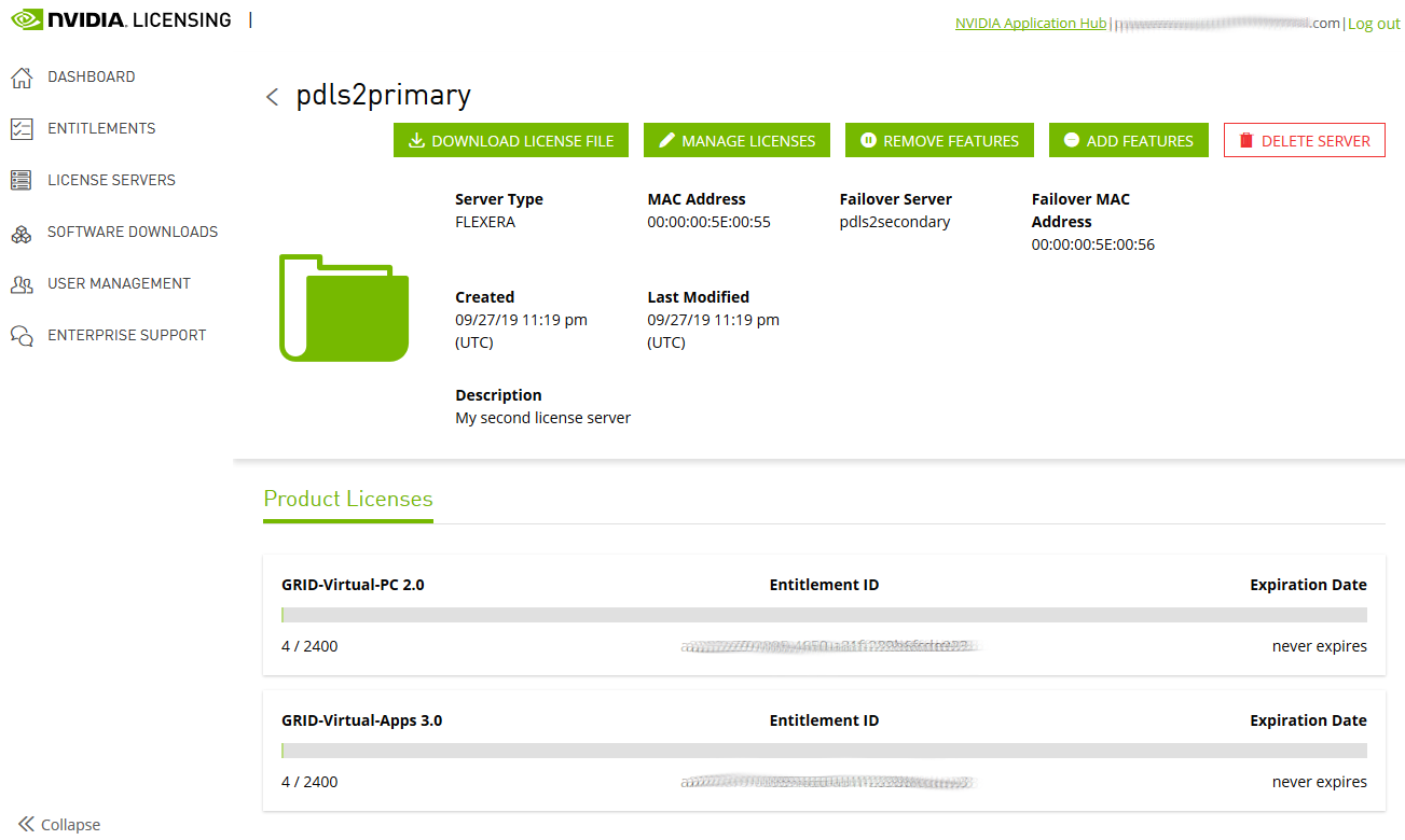 Screen capture showing the details page for a license server on the NVIDIA Licensing Portal.
