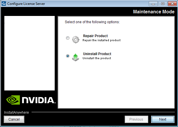 Screen capture showing the Configure License Server dialog box with the Uninstall Product option selected.