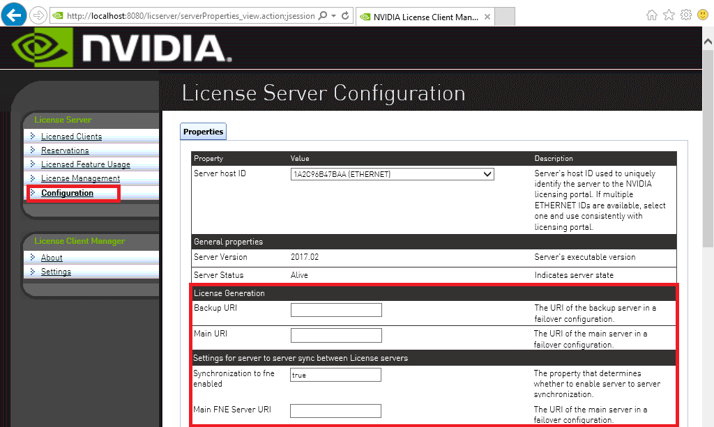 Screen capture of the License Server Configuration page showing settings for enabling failover support.