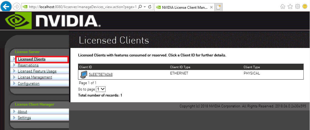 Screen capture of the Licensed Clients page showing one NVIDIA vGPU software client virtual machine that is using a Quadro-Virtual-DWS license.