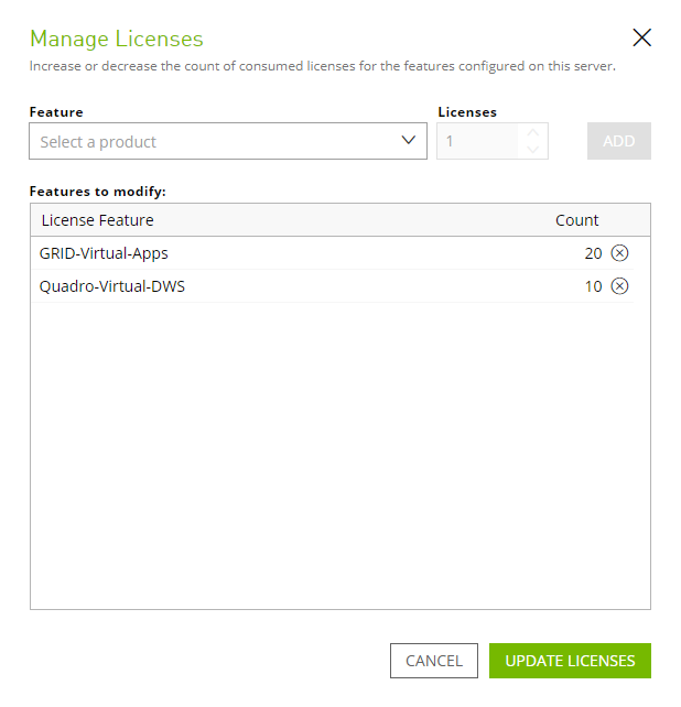 Screen capture showing the Manage Licenses pop-up window.