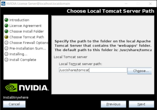 Screen capture showing the selection of the Apache Tomcat Server path on Linux.