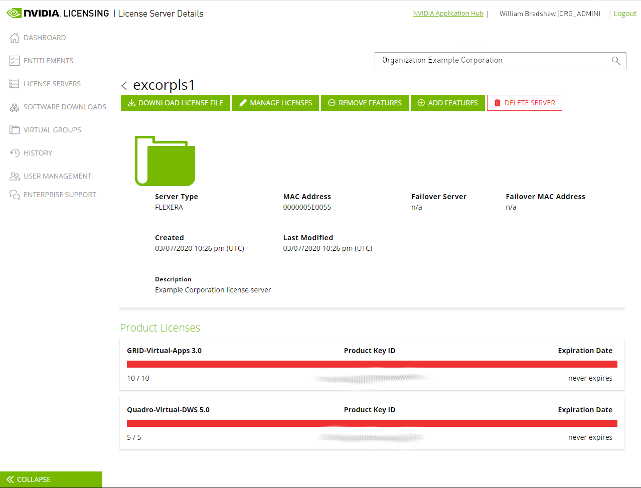 Screen capture showing the License Server Details page on the NVIDIA Licensing Portal.