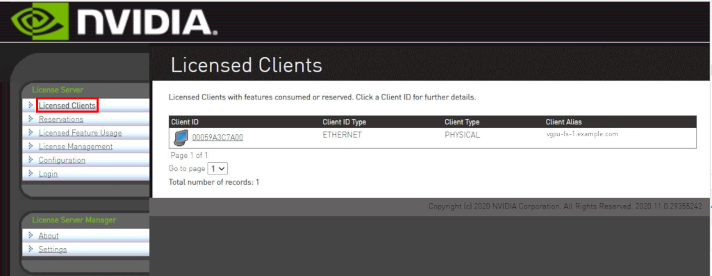 Screen capture of the Licensed Clients page showing one NVIDIA vGPU software client virtual machine that is using a license.