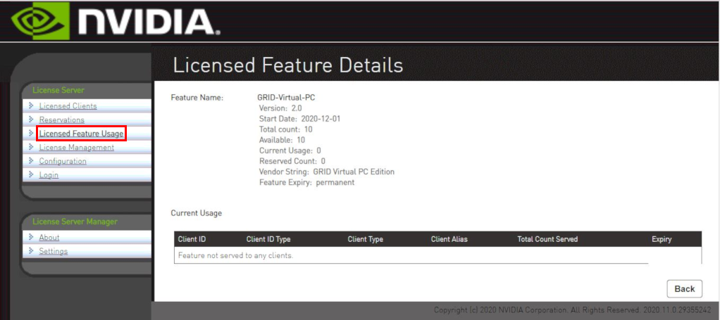 Screen capture showing the Licensed Feature Details page.
