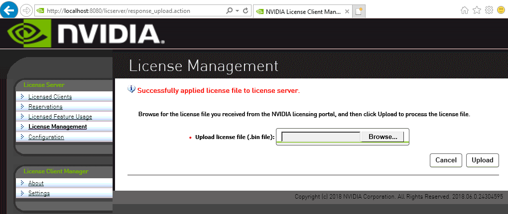 Screen capture of the License Management page showing confirmation of a successful installation of a license file.
