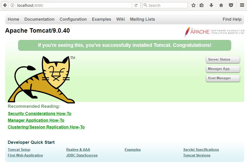 Screen capture showing the home page of the default Apache Tomcat web application.