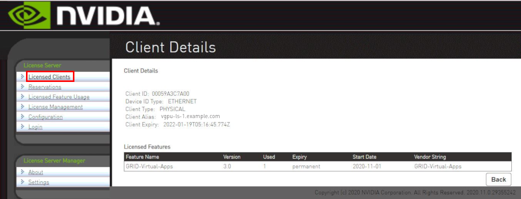 Screen capture showing the Client Details page.
