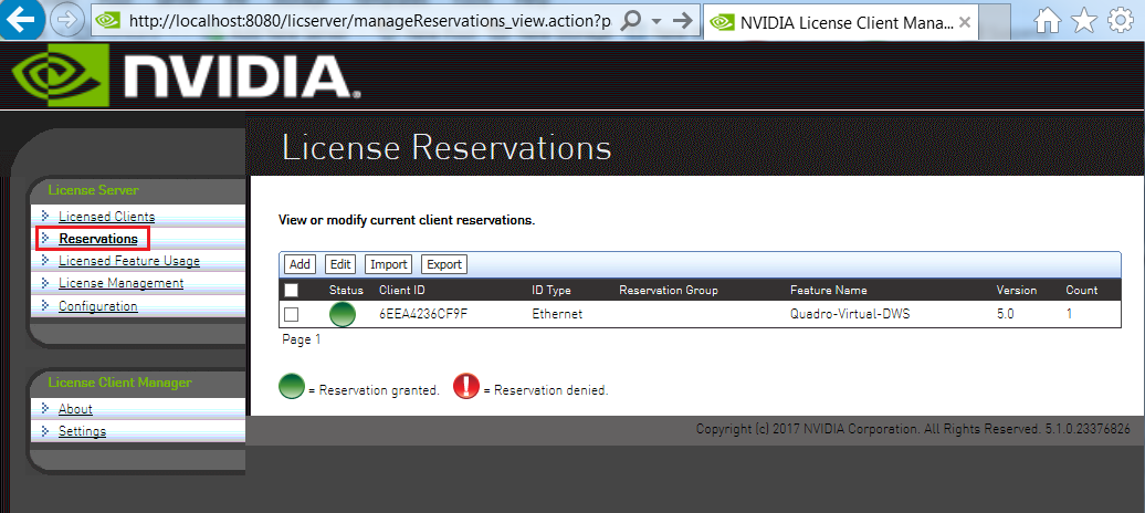 Screen capture of the License Reservations page showing currently stored reservations.