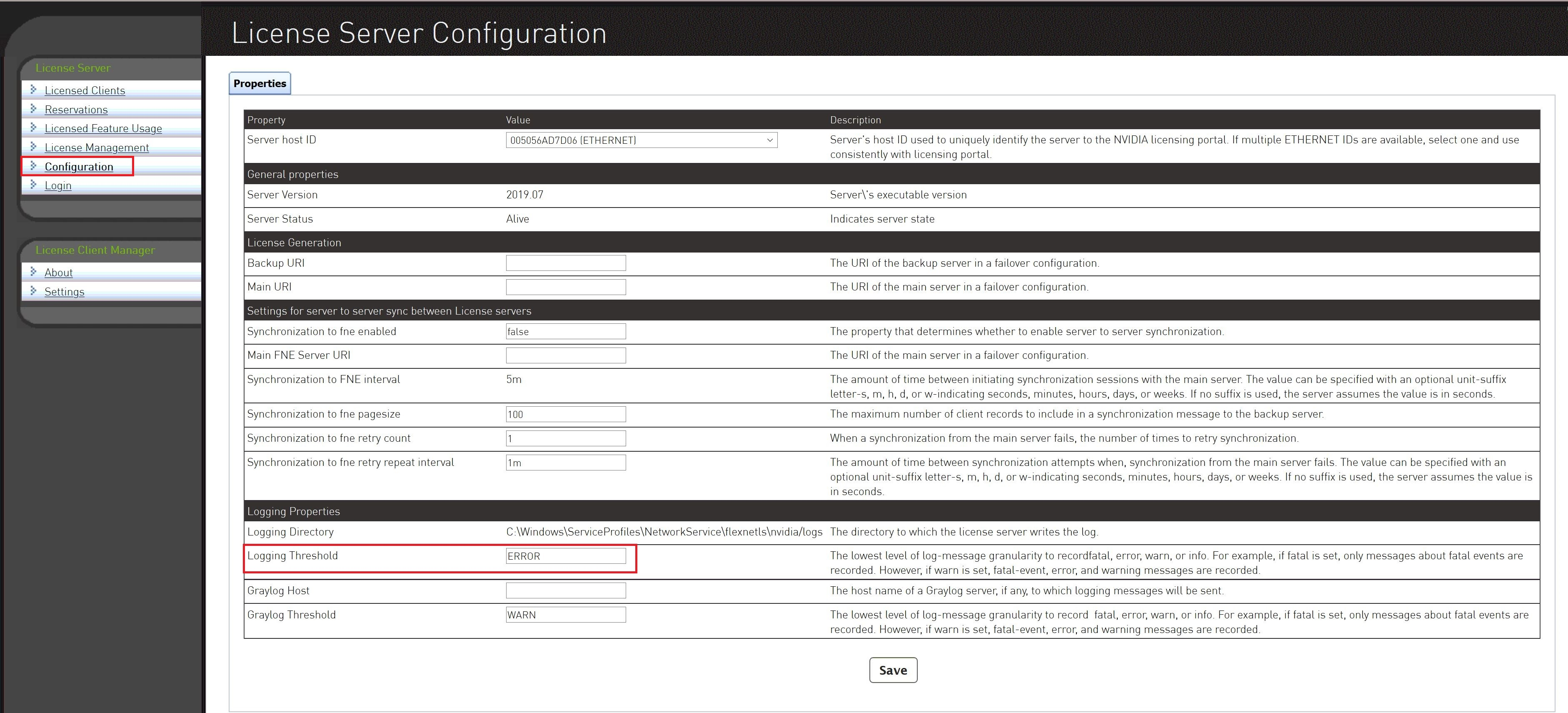 Screen capture showing the License Server Configuration page with the Logging Threshold field highlighted.