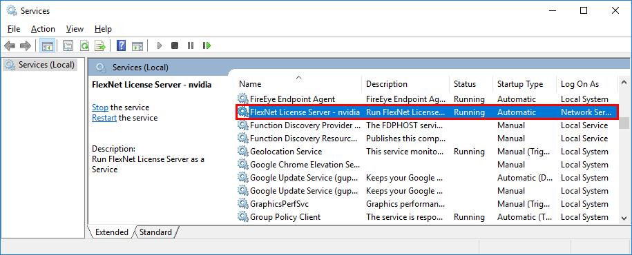 Screen capture of the Windows Services application showing the status of the license server.
