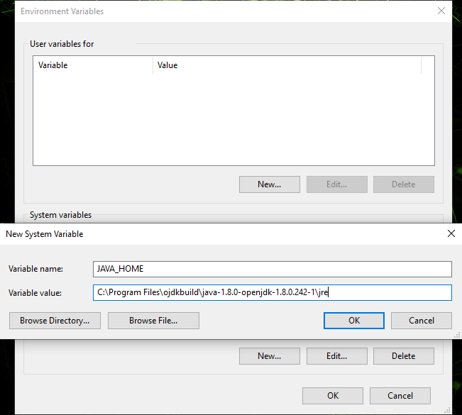 Screen capture showing the setting of a new environment variable in the New System Variable window