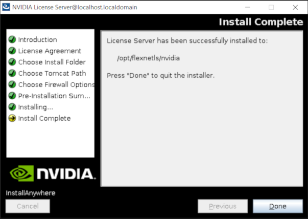 Screen capture showing the window that appears when the license server installation is complete on Linux.