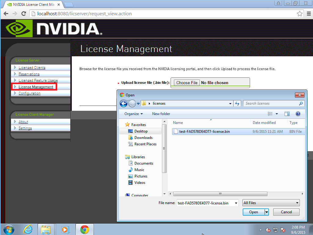 Screen capture that shows a file browser that is opened from the License Management page.