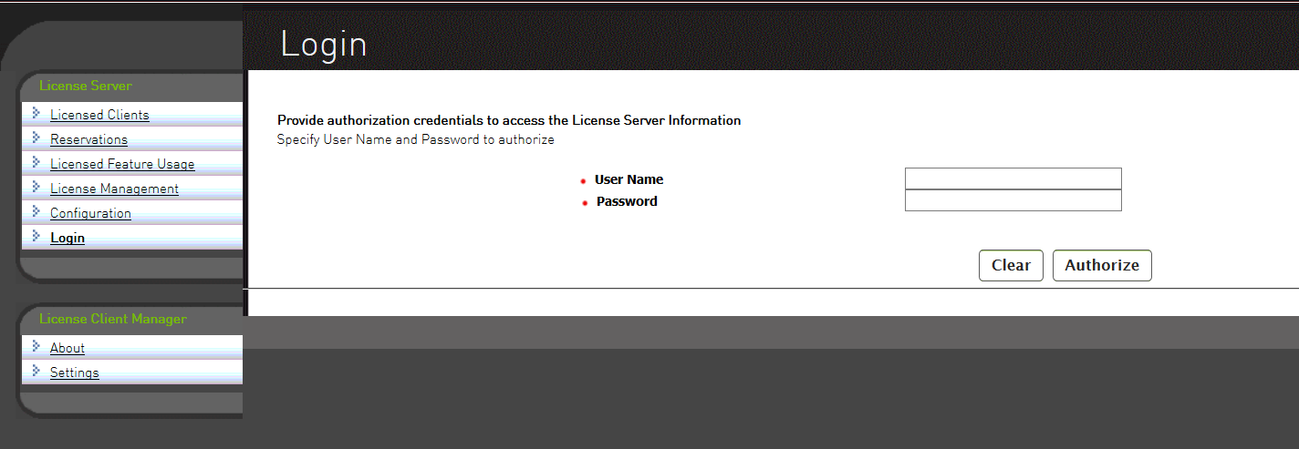 Screen capture showing the Login page for the license server management interface.