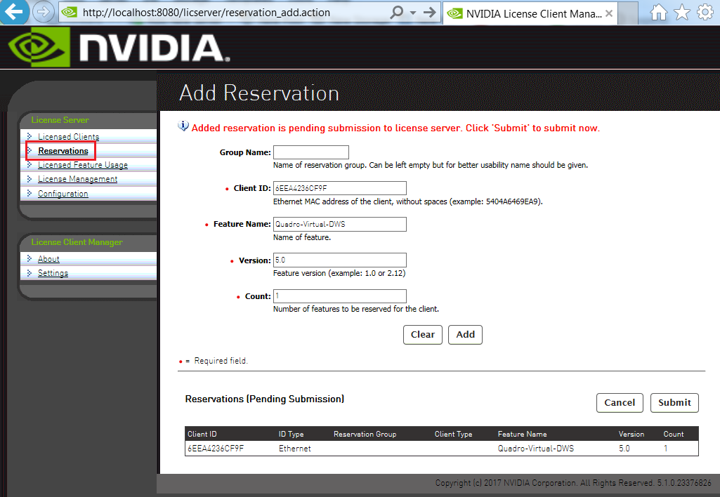 Screen capture showing the License Reservations page with pending reservations.