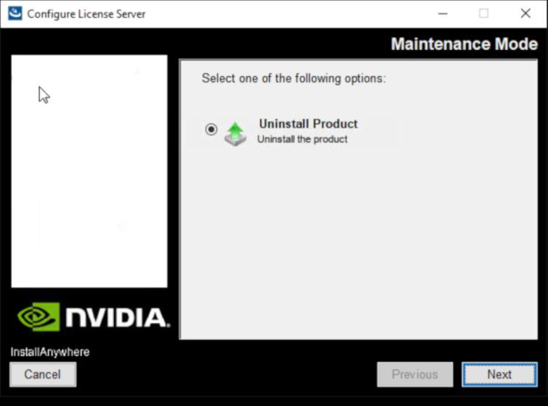 Screen capture showing the Configure License Server dialog box with the Uninstall Product option selected.