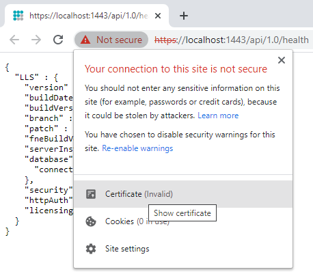 Screen capture showing the selection of the Certificate in the window that opens when the Not secure icon is clicked