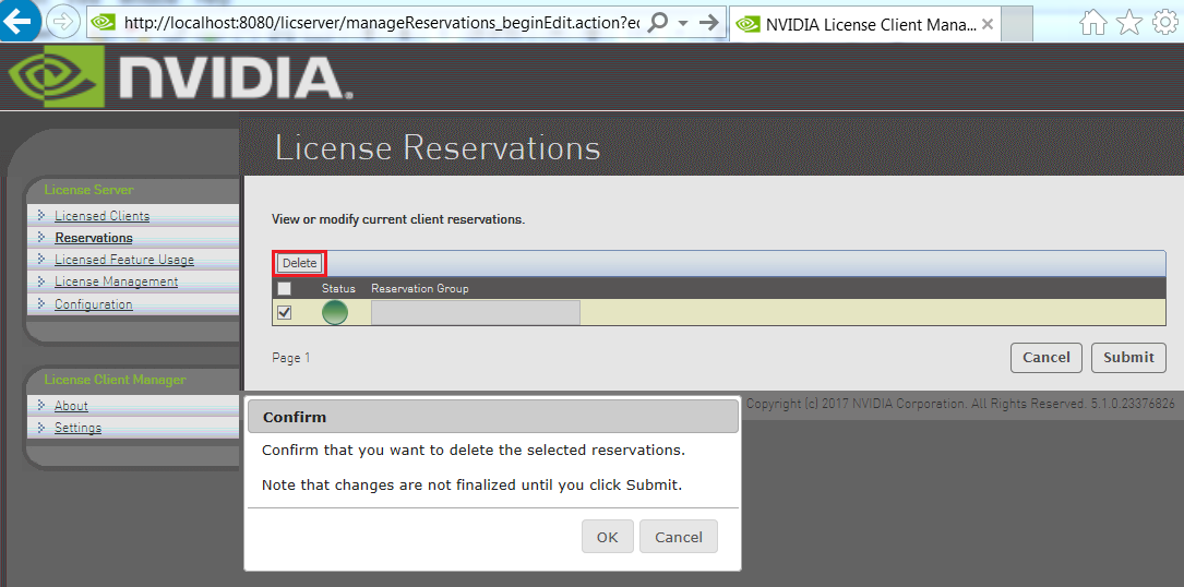Screen capture of the License Reservations page showing the confirmation for deleting a request.