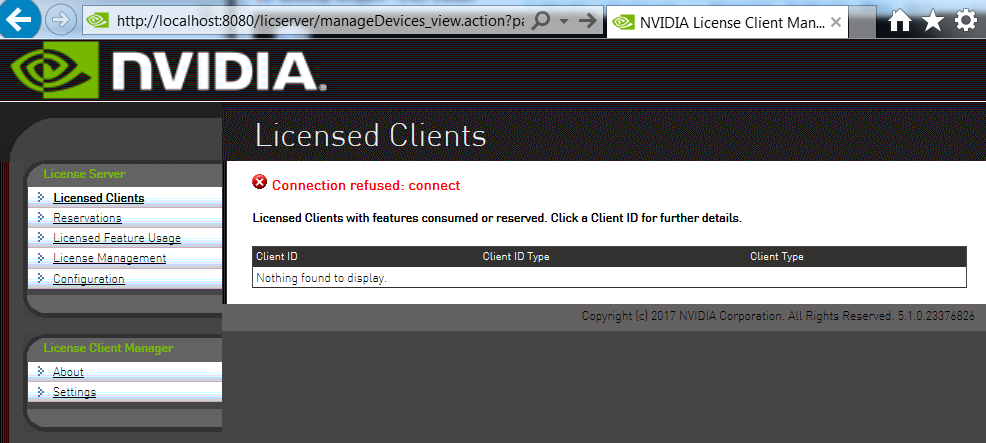 Screen capture of the Licensed Clients page showing a connection error.