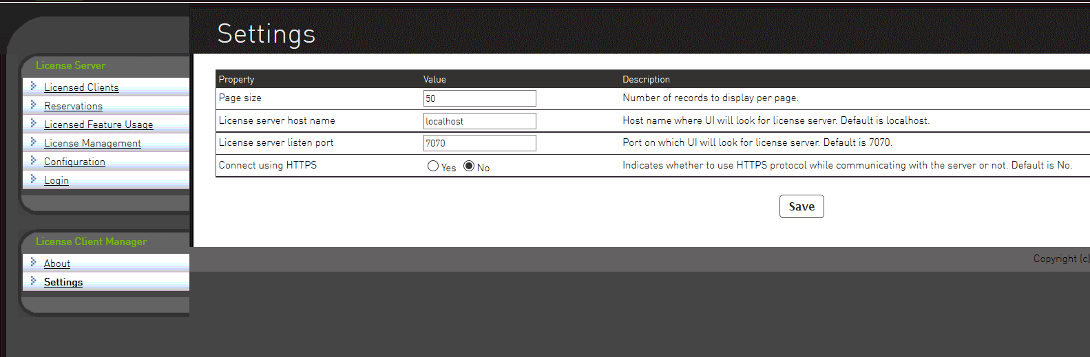 Screen capture of the Settings page showing settings for connecting to the license server over HTTPS.
