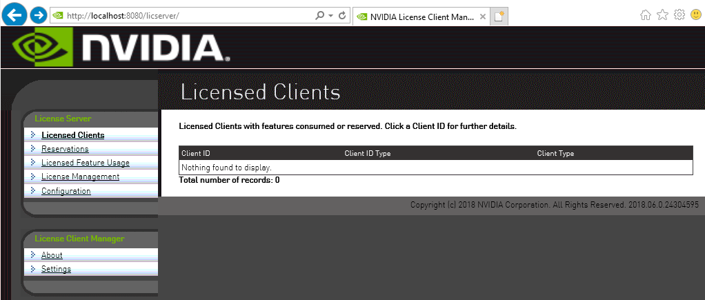 Screen capture showing the home page for the license server management interface.