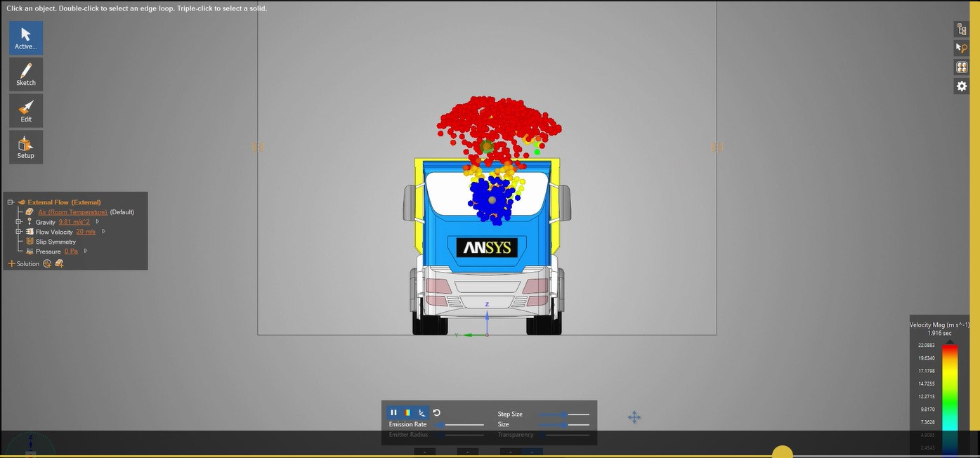 Screen capture showing a front-on view of the truck model in the Ansys Discovery Live app
