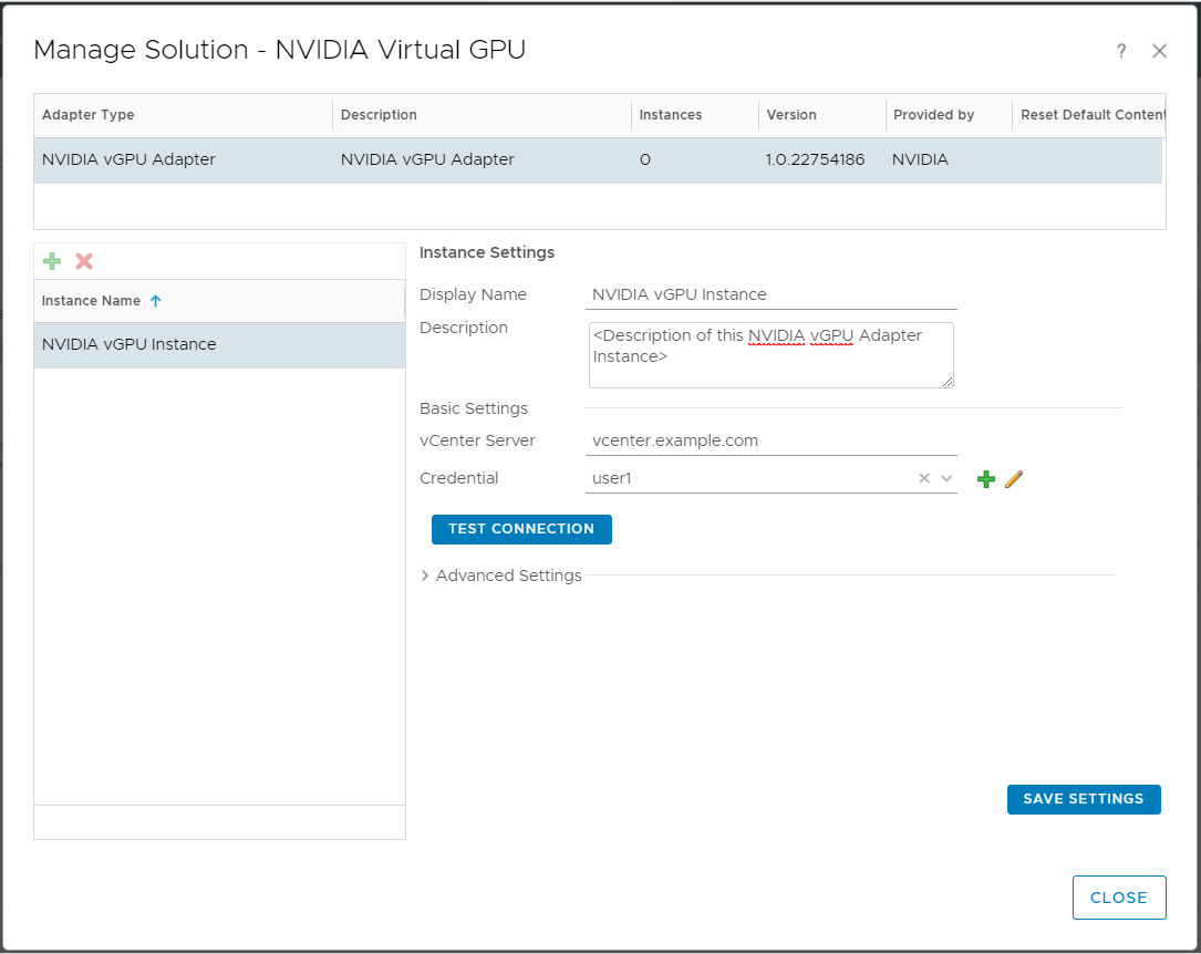 Screen capture showing the Manage Solution page for creating an NVIDIA vGPU adapter instance.