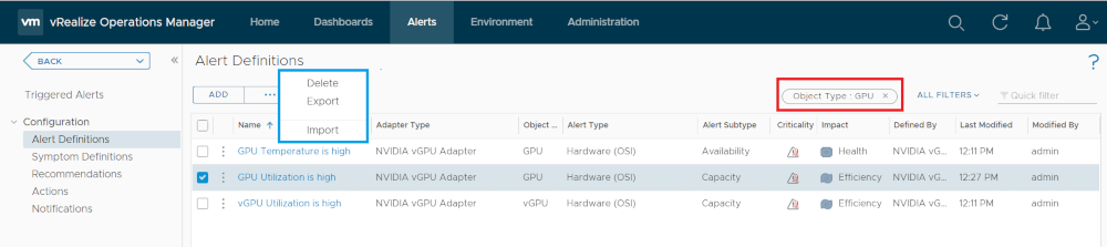 Screen capture showing options on the Alert Definitions page for deleting the GPU Utilization is high alert