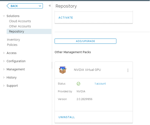 Screen capture showing NVIDIA Virtual GPU Management Pack for VMware vRealize Operations under Other Management Packs on the Repository page.