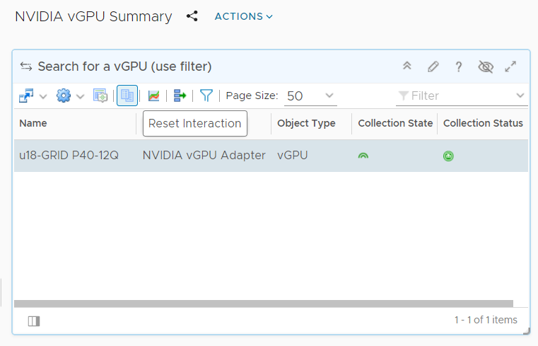 Screen capture showing the Reset Interaction button in the Search for a vGPU widget on the vGPU Summary dashboard