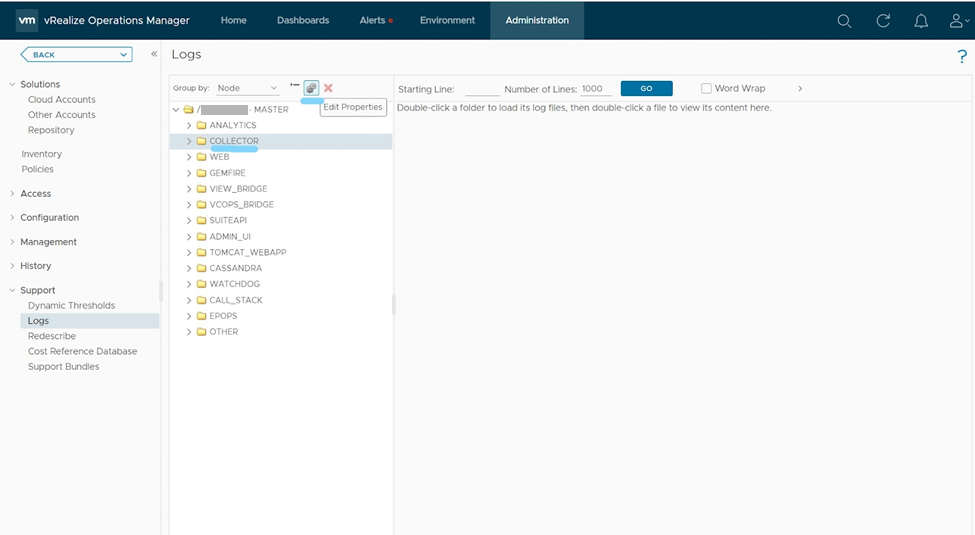 Screen capture showing the VMware vRealize Operations Logs page with the COLLECTOR option in the expanded list of subfolders selected.